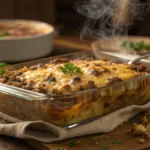 Golden baked cheesy ground beef pasta casserole in a glass dish with melted cheese and parsley on top.