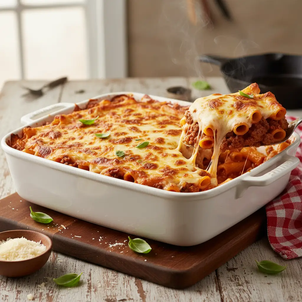 Cheesy ground beef pasta casserole served on a plate with melted cheese