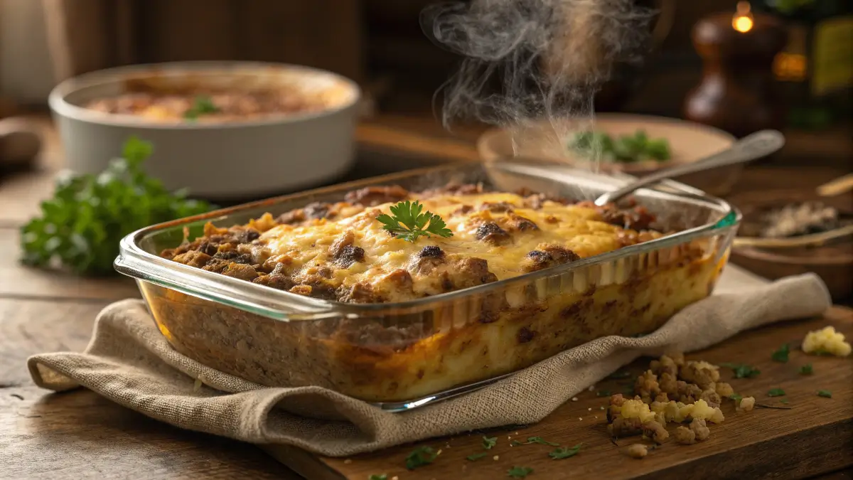 Golden baked cheesy ground beef pasta casserole in a glass dish with melted cheese and parsley on top.