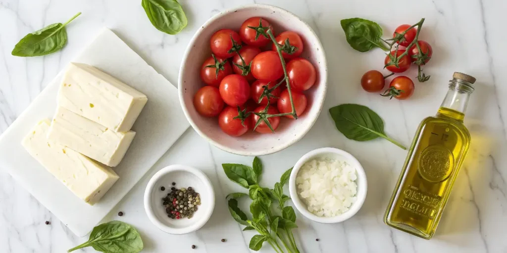 Ingredients for baked feta pasta with cherry tomatoes including feta block, pasta, garlic, olive oil, and basil on a white surface.