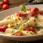Serving of creamy baked feta pasta with cherry tomatoes and basil on a white plate.