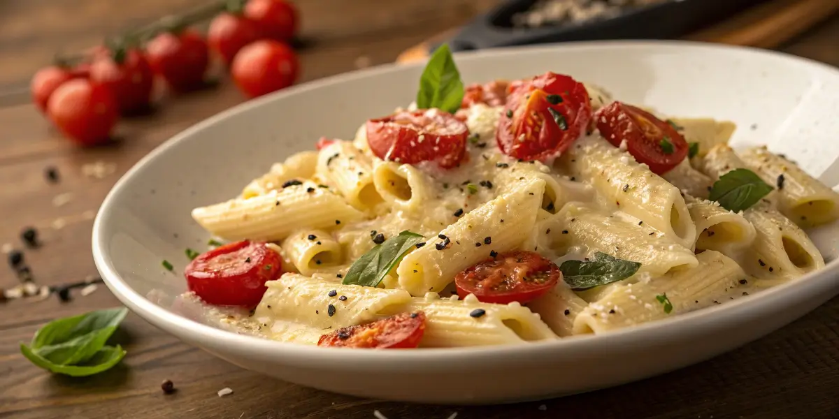 Serving of creamy baked feta pasta with cherry tomatoes and basil on a white plate.