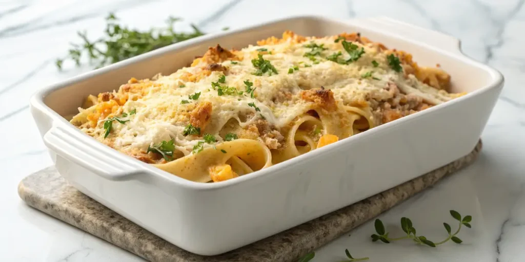 Creamy tuna noodle casserole with golden breadcrumbs and herbs on a white marble surface.