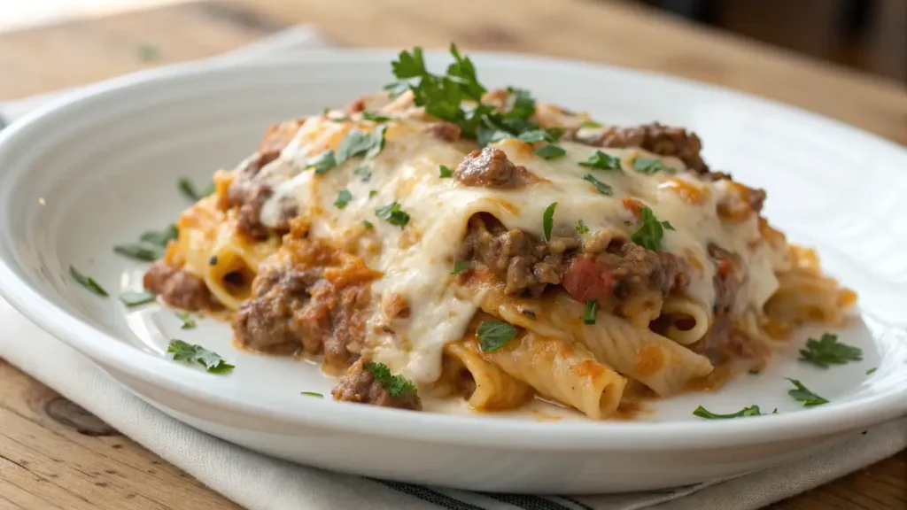 Serving of creamy cheesy ground beef pasta casserole with golden melted cheese and parsley on a white plate.