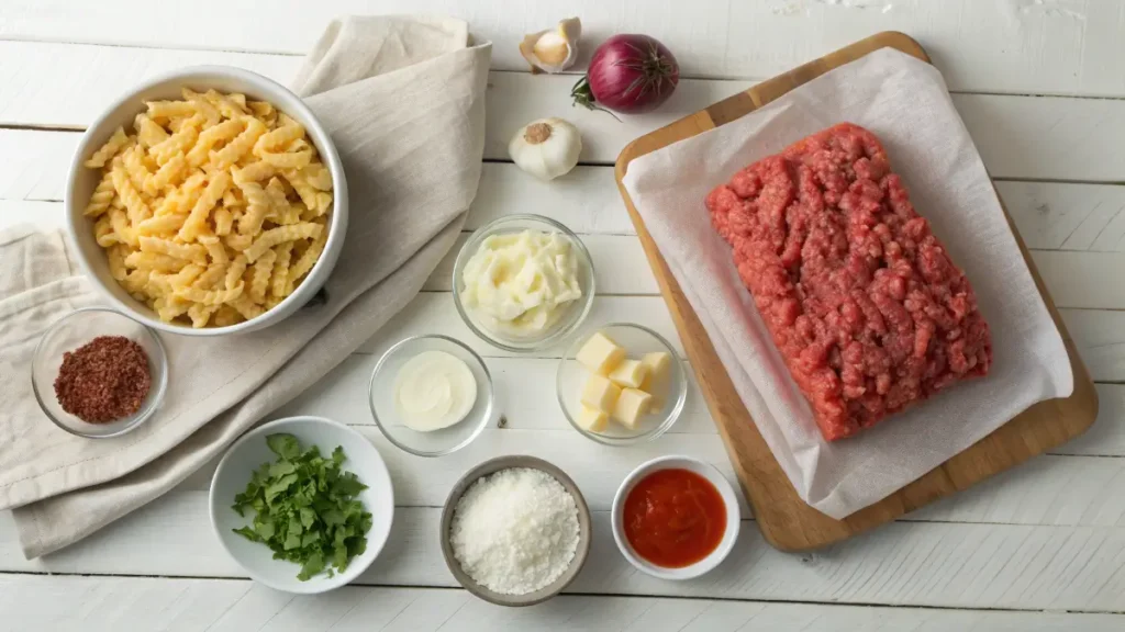 Ingredients for cheesy ground beef pasta casserole including pasta, ground beef, cheese, sauce, and herbs arranged on a wooden surface.
