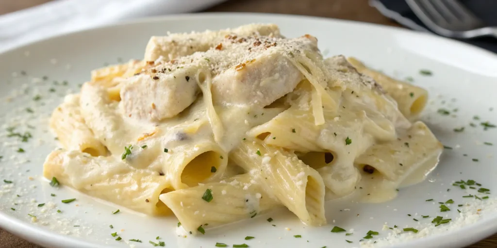 Serving of Chicken Alfredo Pasta Casserole with creamy sauce and Parmesan on a white plate.