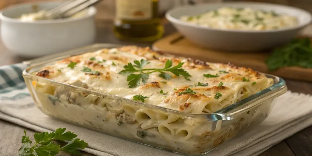 Baked Chicken Alfredo Pasta Casserole with golden cheese and creamy sauce in a glass dish.