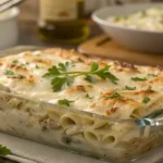 Baked Chicken Alfredo Pasta Casserole with golden cheese and creamy sauce in a glass dish.