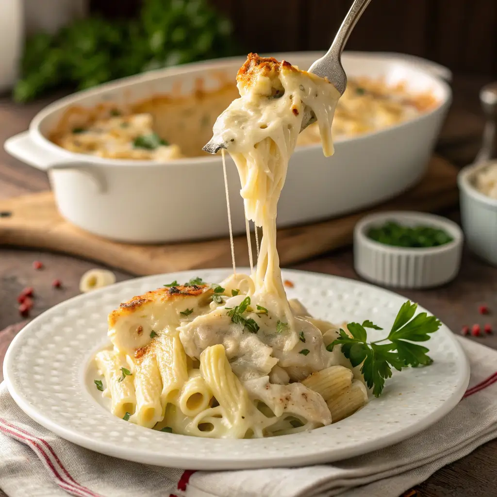 Creamy Chicken Alfredo Bake served on a plate with cheese stretch and parsley garnish.