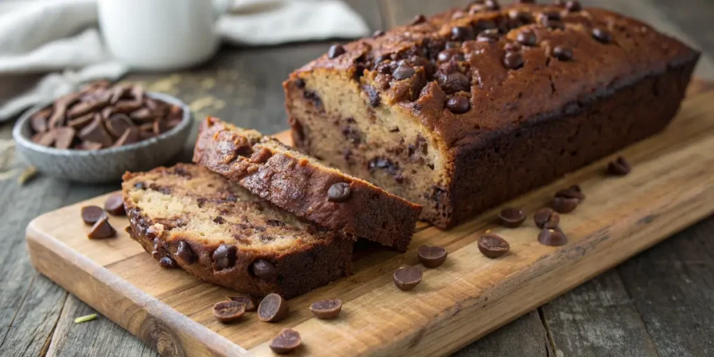 Fresh loaf of chocolate chip banana bread with golden crust and melted chocolate chips cooling on a rack in a cozy kitchen.