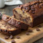 Fresh loaf of chocolate chip banana bread with golden crust and melted chocolate chips cooling on a rack in a cozy kitchen.