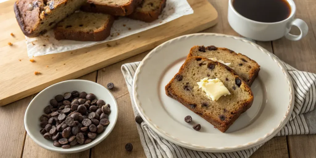 Two slices of chocolate chip banana bread with melting butter on a plate, served with coffee on a wooden table.
