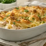 Golden baked tuna noodle casserole in a white dish topped with crispy breadcrumbs and fresh parsley.