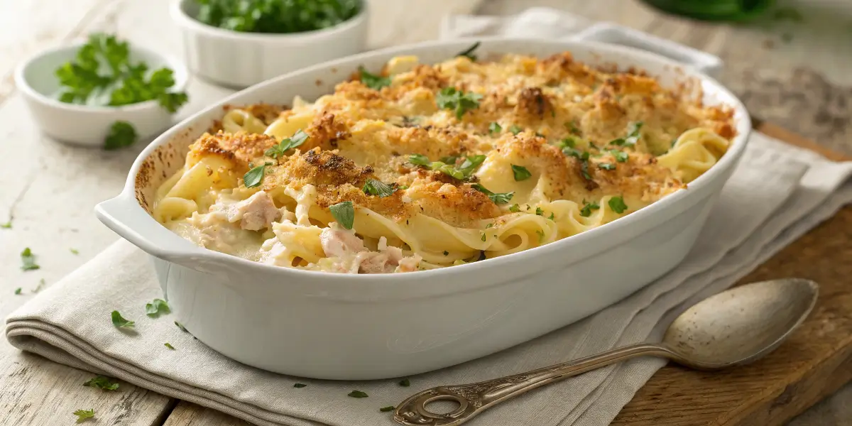 Golden baked tuna noodle casserole in a white dish topped with crispy breadcrumbs and fresh parsley.