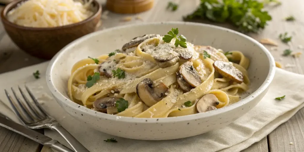 Creamy mushroom pasta with Parmesan and sautéed mushrooms in a white bowl on a table.