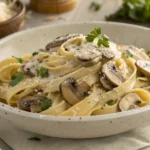 Creamy mushroom pasta with Parmesan and sautéed mushrooms in a white bowl on a table.