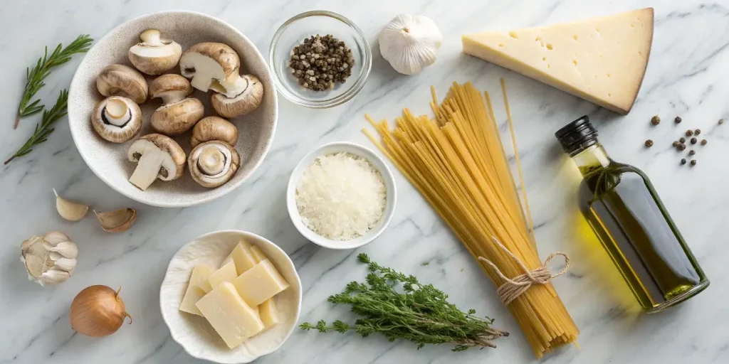 Ingredients for creamy mushroom pasta including mushrooms, pasta, garlic, Parmesan, and cream arranged on a marble surface.
