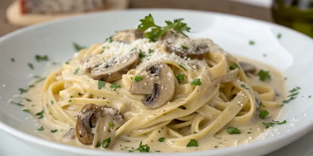 Modern creamy mushroom pasta plated on a white dish with sliced mushrooms and fresh herbs