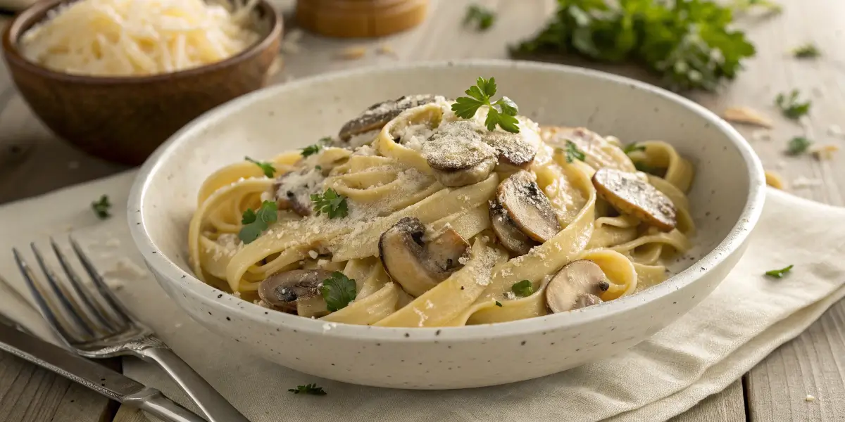 Creamy mushroom pasta with Parmesan and sautéed mushrooms in a white bowl on a table.