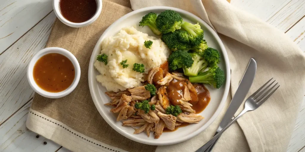 Juicy crockpot chicken breasts cooked in a slow cooker with honey garlic sauce, garnished with sesame seeds and green onions