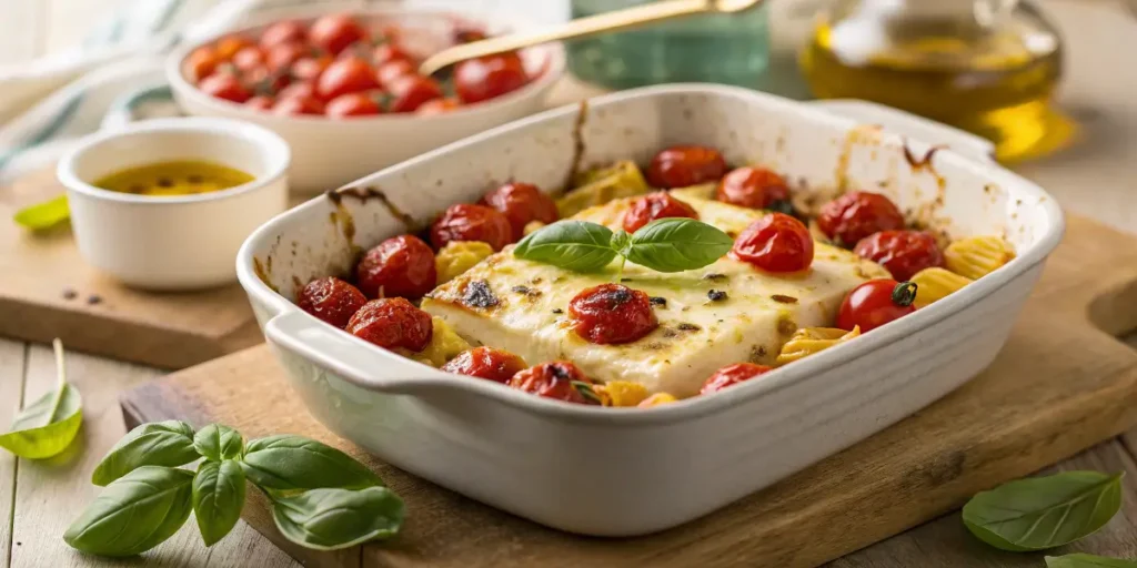Baked feta pasta with roasted cherry tomatoes and fresh basil in a white baking dish.