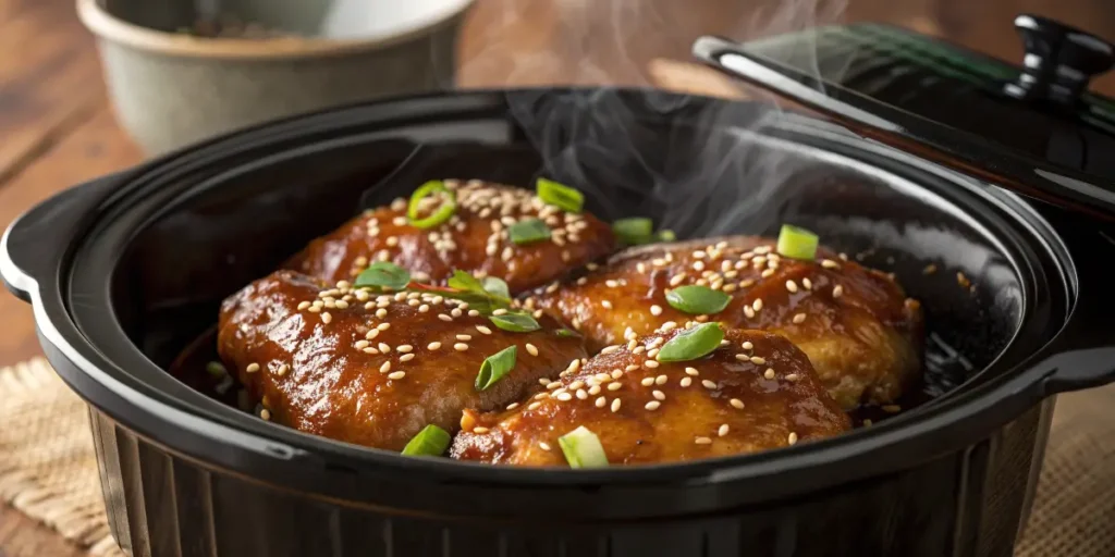 Crockpot chicken served family style with rice, vegetables, and fresh herbs, easy chicken crockpot meal idea