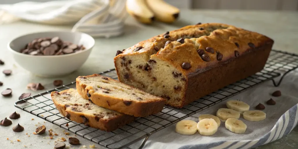 Super moist chocolate chip banana bread slices on a white plate beside a coffee cup, soft daylight aesthetic.