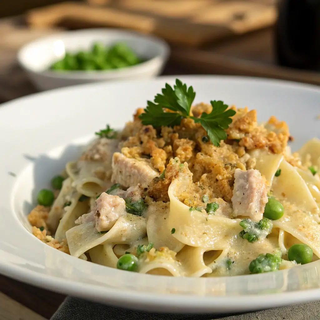 Serving of creamy tuna noodle casserole with peas, tuna chunks, and crispy breadcrumbs on a white plate.
