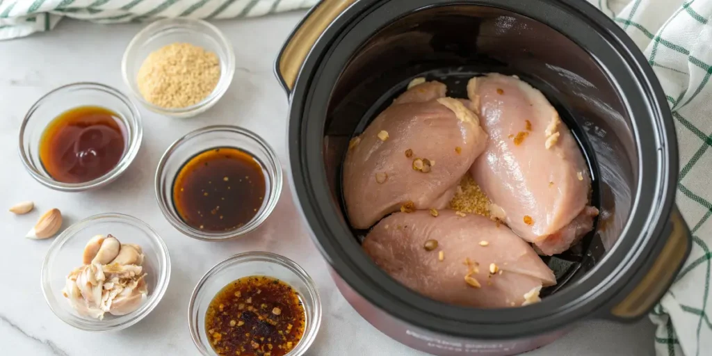 Raw boneless chicken breasts in a crock pot being coated with homemade honey garlic sauce before slow cooking