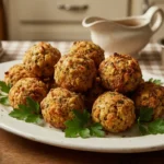 Golden crispy bread stuffing balls 1940s recipe arranged on white ceramic serving platter with fresh parsley garnish