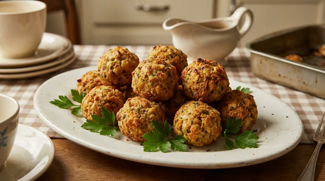 Golden crispy bread stuffing balls 1940s recipe arranged on white ceramic serving platter with fresh parsley garnish