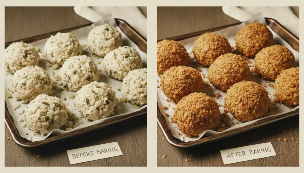 Raw formed stuffing balls before baking compared to golden crispy baked stuffing balls showing transformation