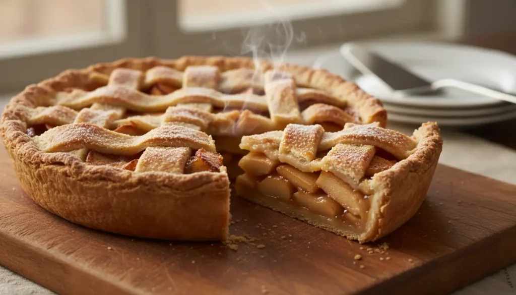 Apple pie made with homemade filling showing golden crust and cinnamon spiced apple slices with slice removed