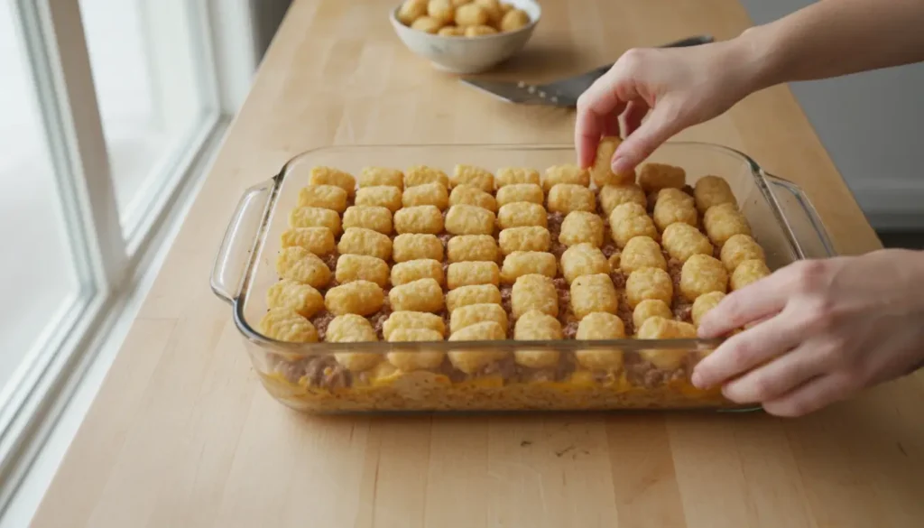 Assembling tater tot casserole showing ground beef mixture in baking dish before adding crispy tater tot topping layer
