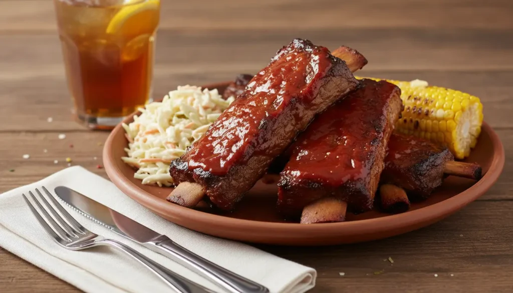 Serving of oven baked BBQ beef ribs on plate with coleslaw and corn on the cob