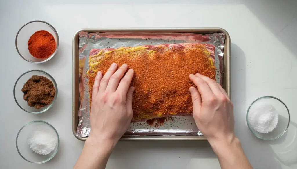 Preparing beef ribs for oven baking by applying mustard binder and dry rub spices to raw beef rack