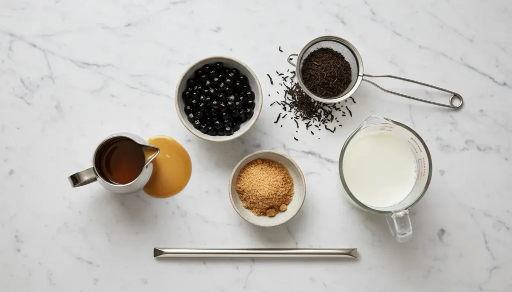 Ingredients for boba tea recipe including dried tapioca pearls black tea leaves brown sugar and milk