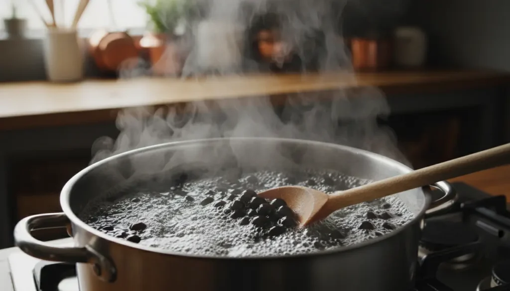 Boiling black tapioca pearls in pot for homemade boba tea recipe showing floating pearls