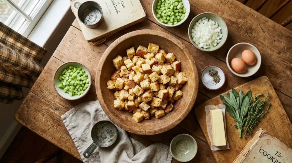 Ingredients for 1940s bread stuffing balls recipe including cubed day-old bread celery onions butter and fresh herbs on wooden cutting board