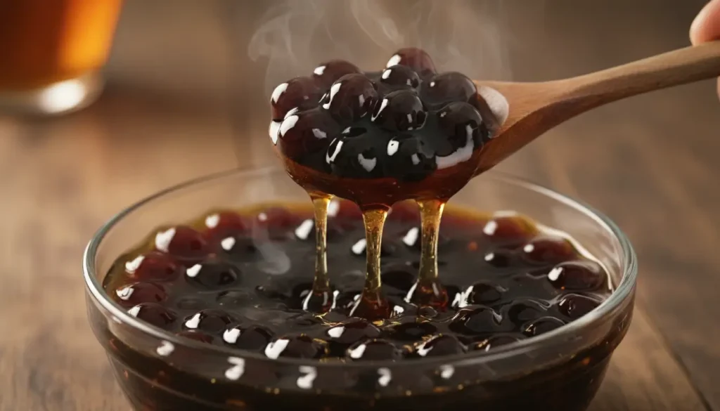 Cooked boba pearls soaking in thick brown sugar syrup for perfect sweetness and texture