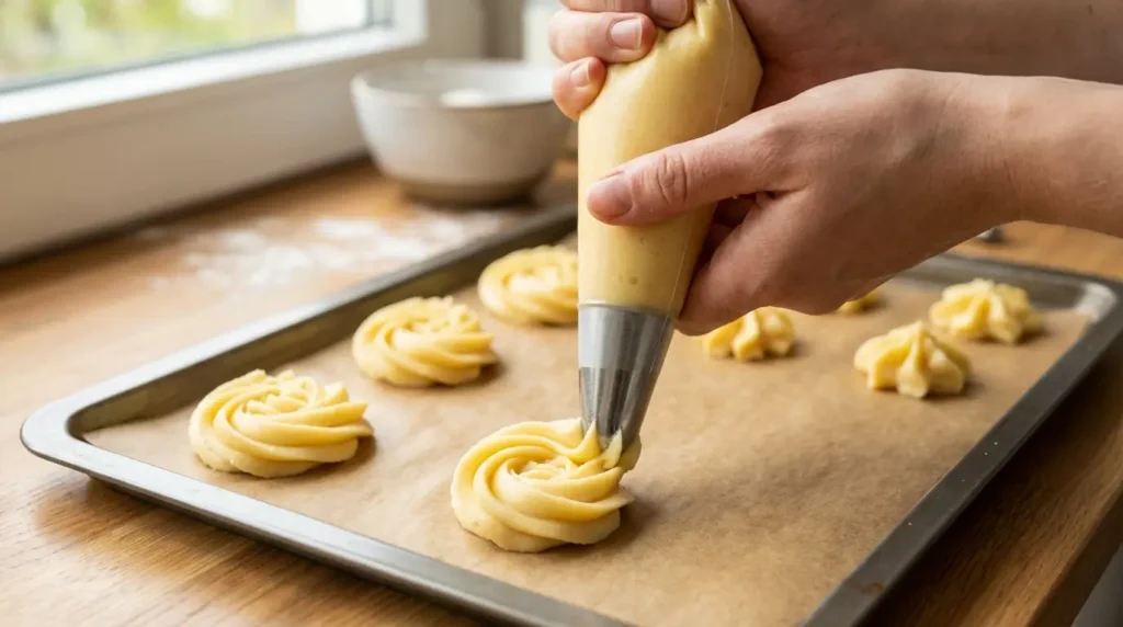 Butter cookie recipe ingredients including butter sugar flour egg yolks and vanilla extract on marble