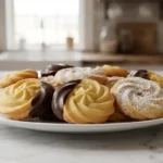 Butter cookie recipe showing golden crispy piped butter cookies on white plate with powdered sugar
