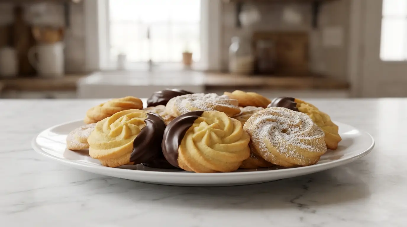 Butter cookie recipe showing golden crispy piped butter cookies on white plate with powdered sugar