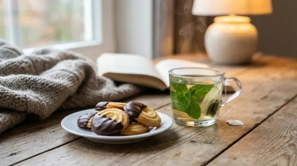 Golden butter cookies served on plate with cup of tea showing crispy texture and rich color