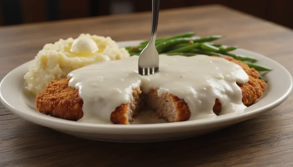 Serving chicken fried steak with creamy white gravy being poured over crispy breaded cutlet on plate