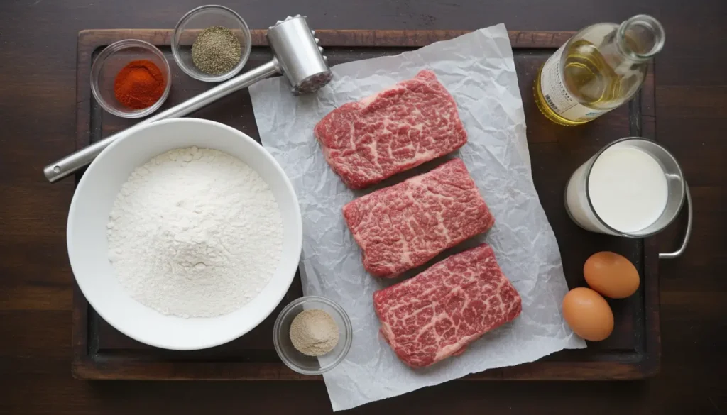 Ingredients for chicken fried steak recipe including cube steak flour buttermilk eggs and spices