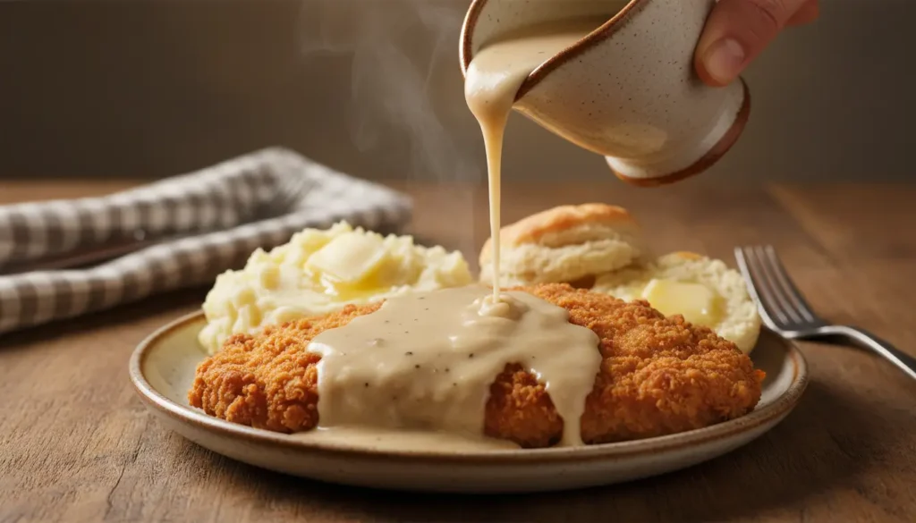 Chicken fried steak recipe showing crispy golden breaded beef cutlet smothered in creamy white gravy
