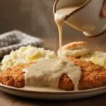 Chicken fried steak recipe showing crispy golden breaded beef cutlet smothered in creamy white gravy