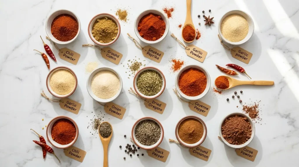 Chili seasoning recipe ingredients including chili powder cumin smoked paprika garlic powder and spices