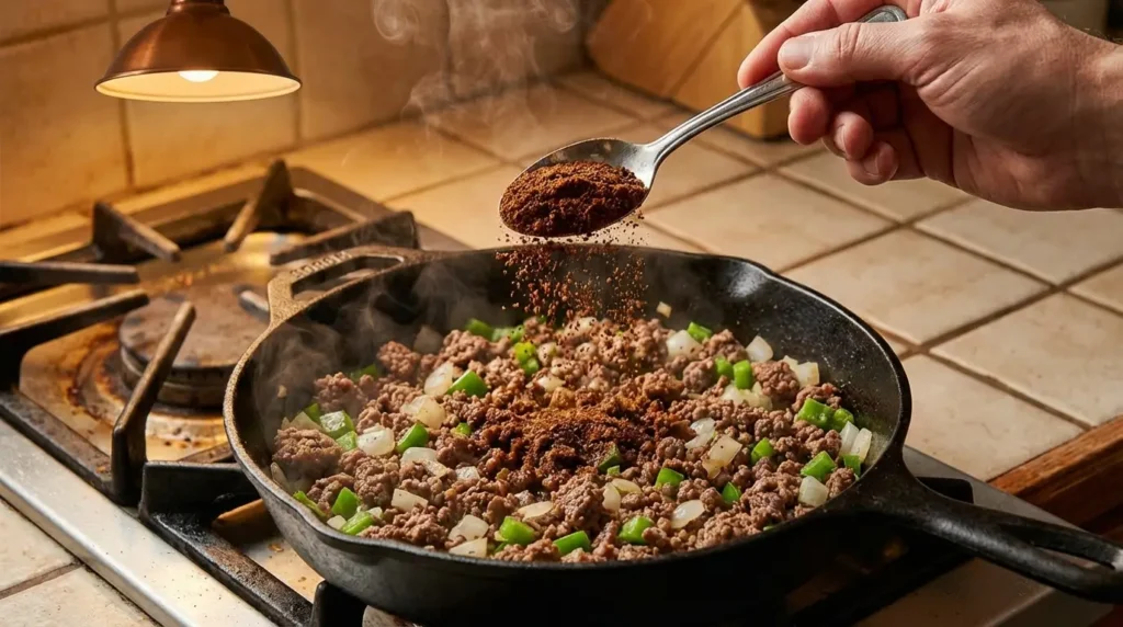 Using chili seasoning recipe on ground beef in skillet for homemade beef chili